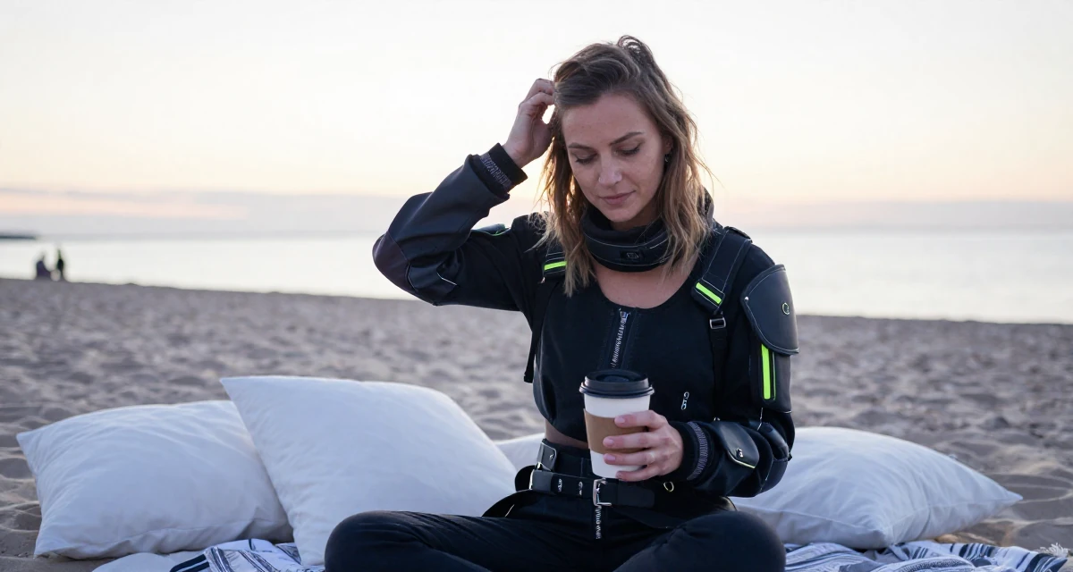 A innocent Female From Finland, based in Tampere, graduated from a tech university majoring in human-centered design in their 39, building a brand around authentic storytelling,
wearing a cyberpunk street samurai gear with neon accents, holding a coffee cup with both hands in a sunset beach.