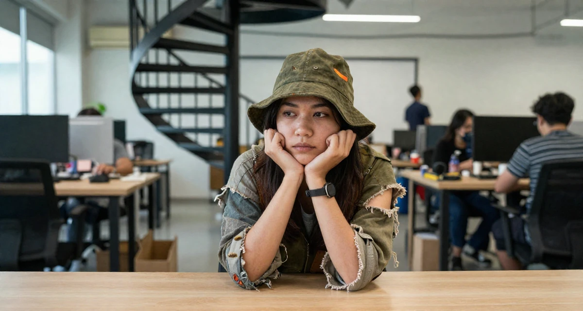 A lonely Female From Penang Malaysia, studied UI/UX design in their 24, taking care of their physical health consistently,
wearing a zombie apocalypse survivor gear with torn clothes, tipping a hat in a busy coworking space.