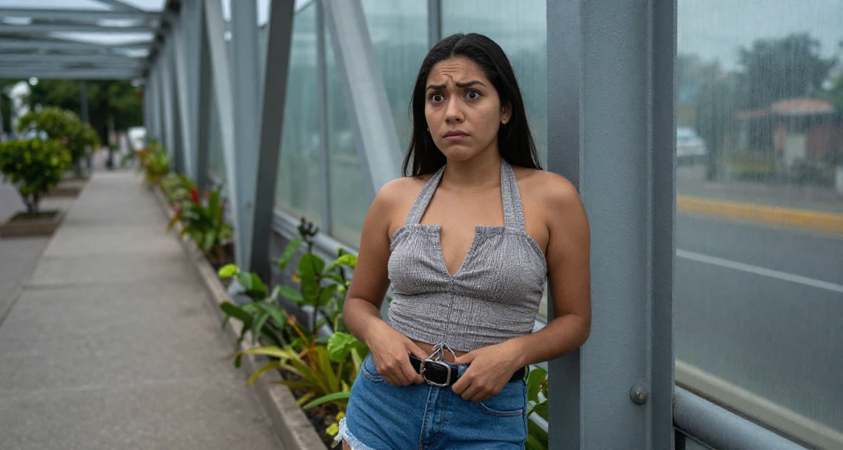 A gentle Female From Mexico, majored in law in their 20, eyes wide with wonder and confusion,
wearing a backless halter top and denim shorts, fixing a belt buckle in a bridge walkway.