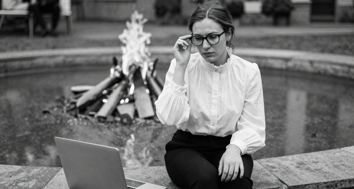 A wistful Female Former accountant in her 30s, now creating fitness-driven fan content in their 25, exploring creativity online,
wearing a high-neck victorian style blouse and black slacks, adjusting glasses in a campfire circle.