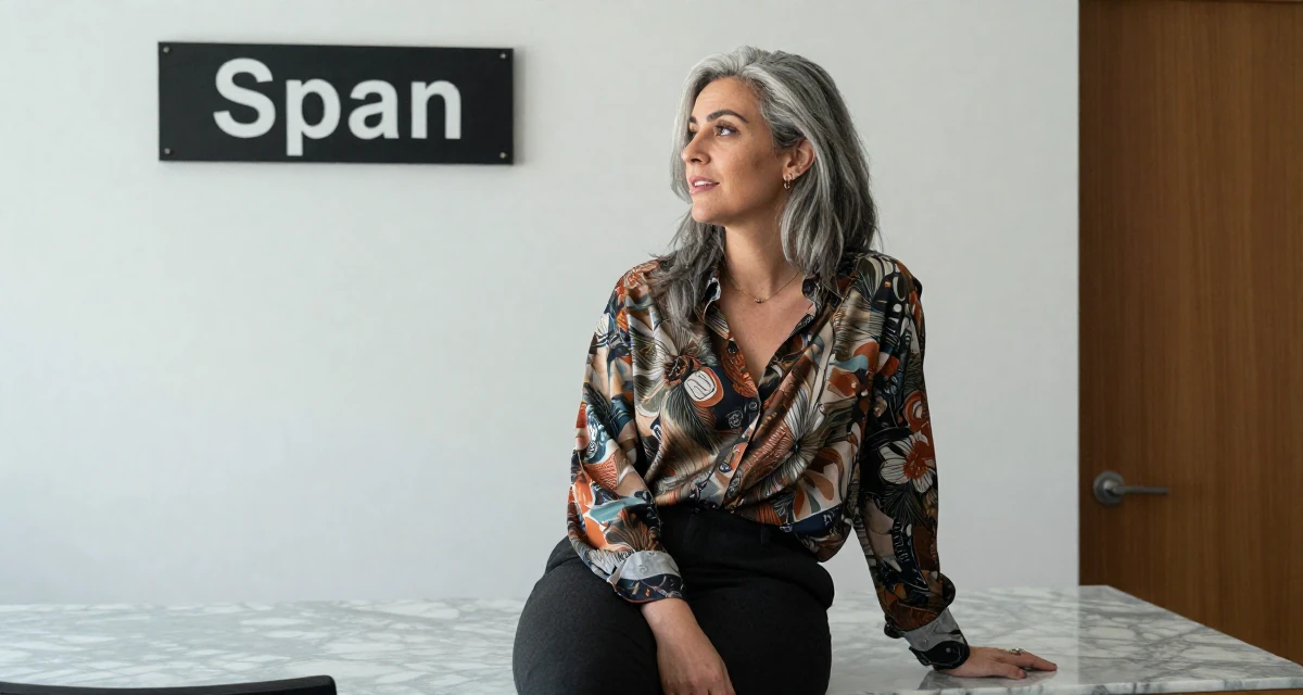 A open and honest Female From Spain, has a degree in fine arts in their 48, embracing grey hair with style and grace,
wearing a relaxed fit patterned shirt, looking at a street sign in a office break room.