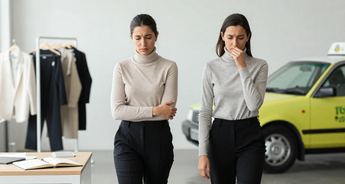A sorrowful Female From Wellington New Zealand, majored in sociology in their 33, embracing a solo travel lifestyle,
wearing a sophisticated turtleneck and trousers, waiting for a taxi in a fashion design studio.