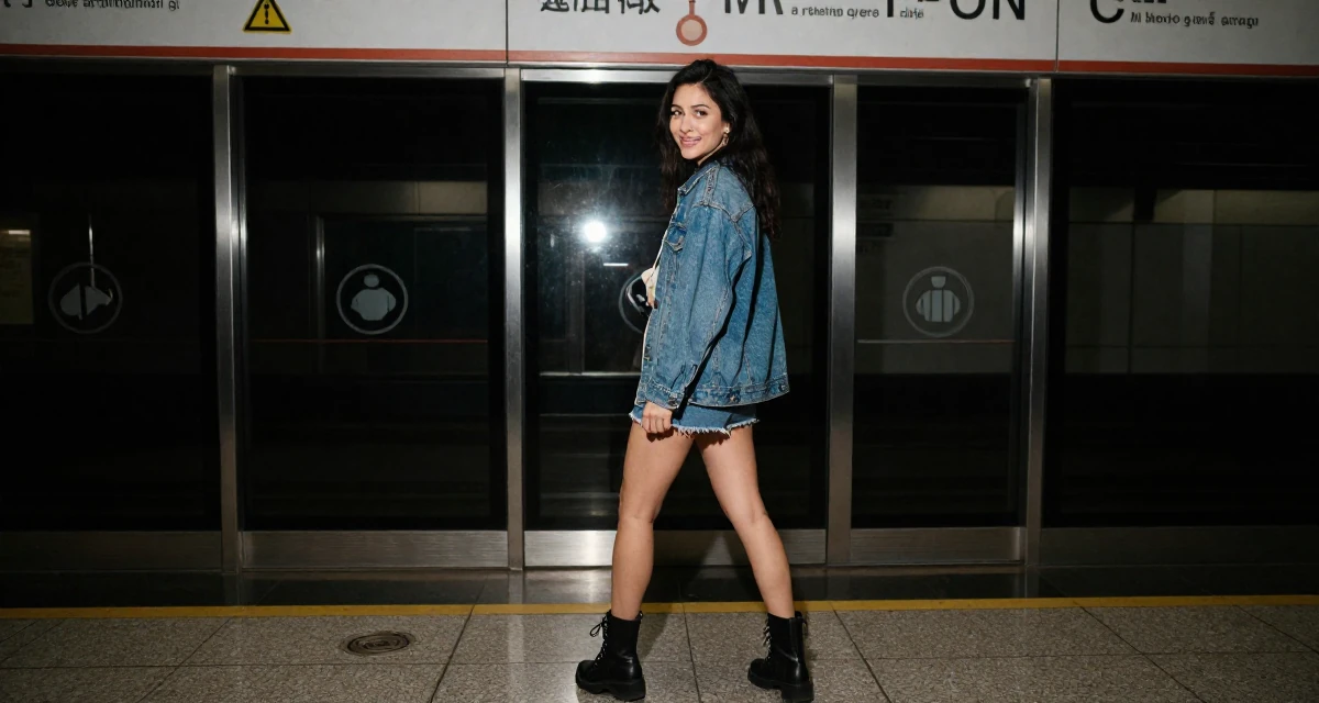 A upbeat Female Once a biology teacher, now exploring artistic movement expression in their 22, mastering the art of subtle teasing through framing,
wearing a edgy street style with boots, glancing sideways in a subway station.
