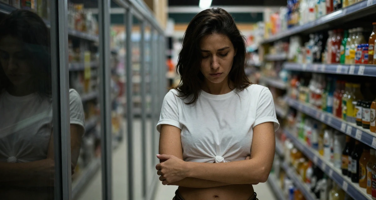 A exhausted Female From Ankara Türkiye, practiced intimate photography aesthetics in their 25, calculating every purchase because income is unstable,
wearing a classic white t-shirt knotted at the front and bikini bottoms, inspecting an object in a supermarket aisle.