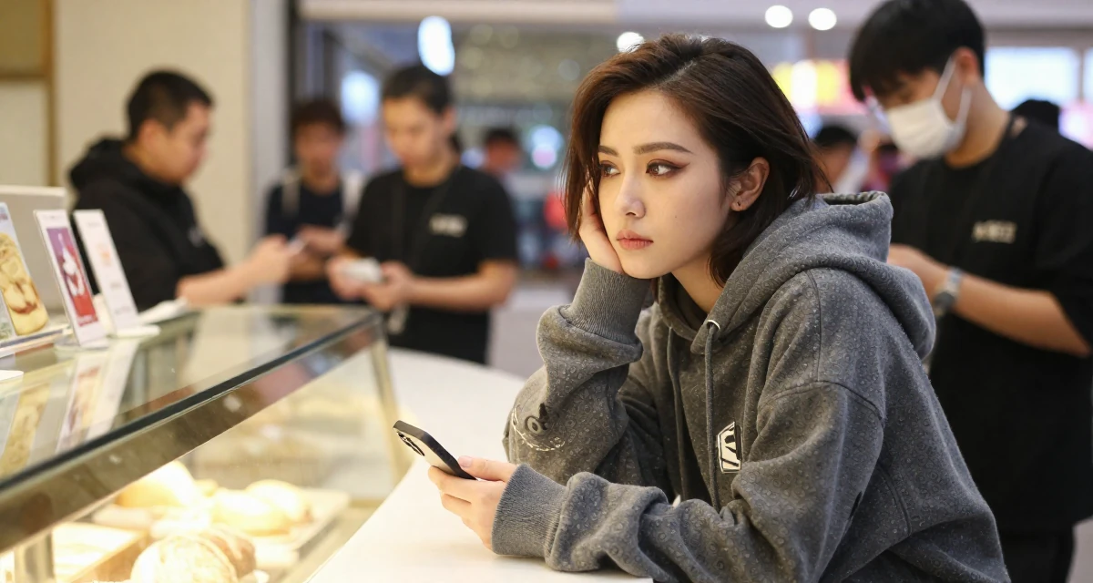 A rebellious Female From Macau, learned performance makeup from casino backstage crews in their 23, looking sophisticated but feeling lost inside,
wearing a trendy oversized hoodie, scrolling casually in a bakery counter.