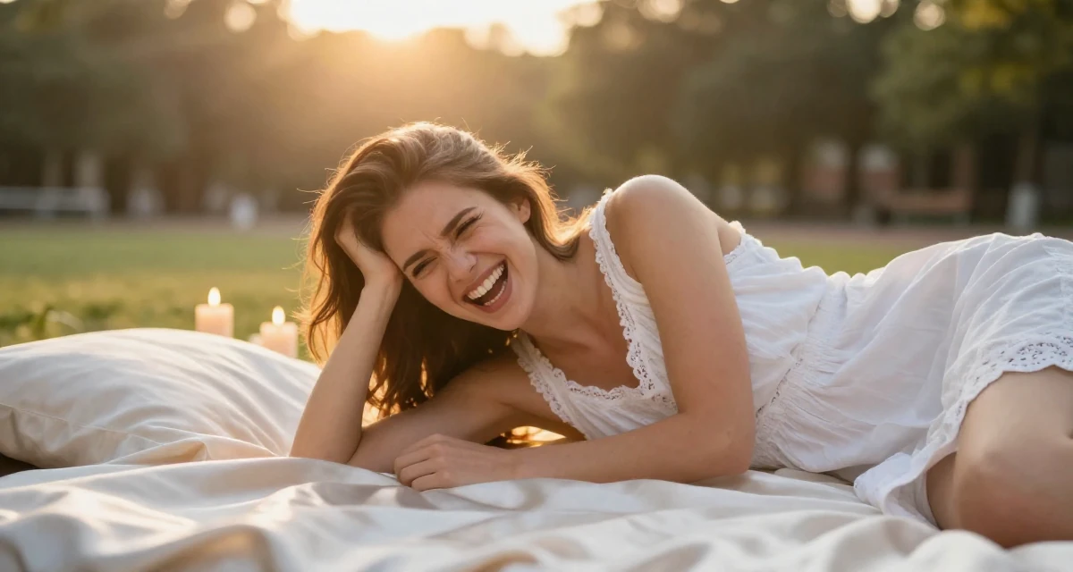 A enthusiastic Female Former university dropout at 22, now thriving as a digital expression artist in their 22, worrying about real-life friends discovering the account,
wearing a white cotton nightgown with lace details, laughing uncontrollably in a university campus.