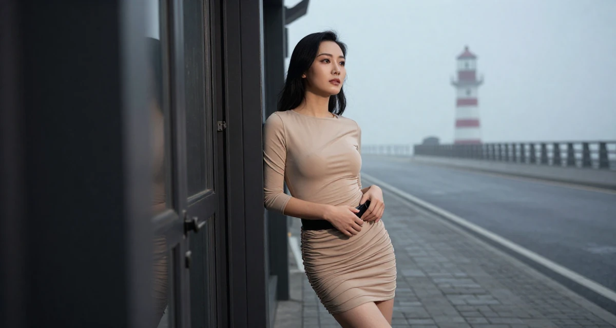 A introspective Female From Shenzhen China, studied makeup artistry while modeling part-time in their 40, celebrating professional mastery and confidence,
wearing a ruched mini dress that accentuates the figure, adjusting a belt in a urban street.