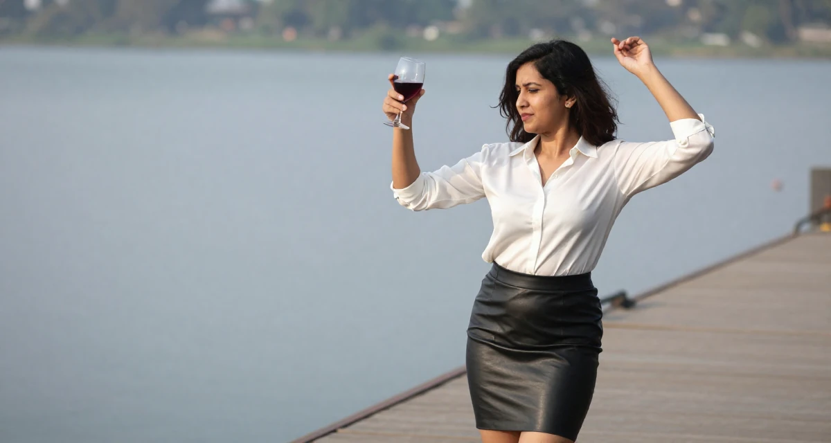 A distracted Female From Bangladesh, based in Chittagong, graduated from a technical college majoring in graphic design in their 25, experimenting with playful photos that boost confidence,
wearing a white silk shirt tucked into a leather pencil skirt, taking a photo in a serene lakeside dock.