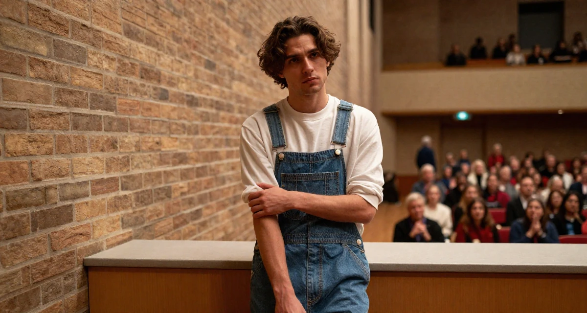 A zoned out male From Switzerland, based in Geneva, graduated from a local university majoring in communication management in their 24, facing pressure to reinvent the brand constantly,
wearing a relaxed dungarees or overalls, adjusting sleeves in a concert hall.