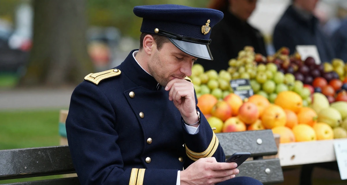 A subtly confident male Raised in Germany, studied visual communication design in their 60, rediscovering passions,
wearing a imperial officer uniform with a peaked cap, typing a message in a park bench.