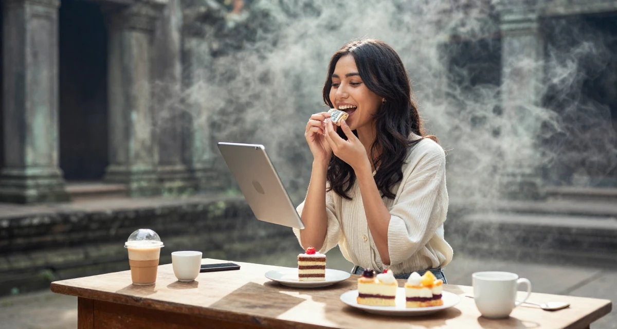 A happy Female Previously a pastry student, now blending dessert aesthetics with lifestyle content in their 23, enjoying the first taste of disposable income,
wearing a light and airy spring attire, holding a tablet device in a ancient stone ruins.