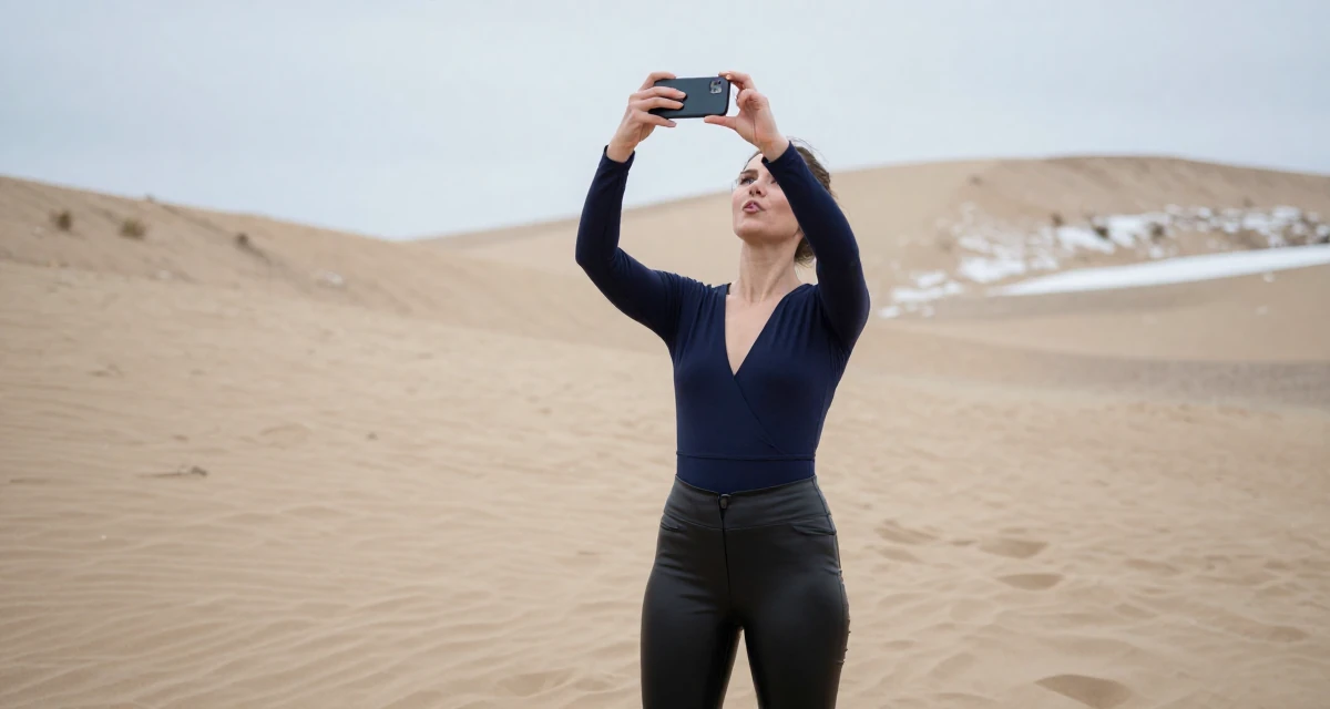 A playful Female From Bergen Norway, studied business economics in their 28, saving aggressively for first home,
wearing a wrap-front bodysuit and leather leggings, snapping a photo with a phone in a desert sand dunes.