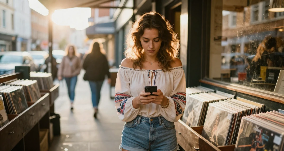 A grounded Female From England, studied film and television in their 24, maintaining anonymity while growing faster,
wearing a boho style off-shoulder peasant top and shorts, texting with both thumbs in a vintage record store.