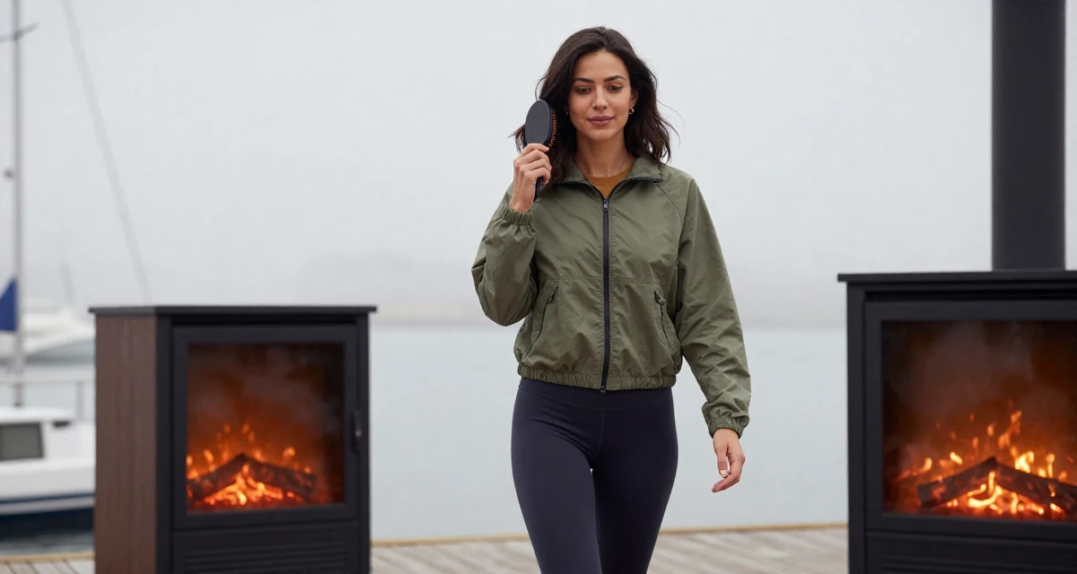 A calm and confident Female Previously a chemistry student, now shooting artistic self-portrait content in their 31, finding joy in small daily rituals,
wearing a sporty windbreaker and leggings, brushing hair away from the face in a foggy harbor.