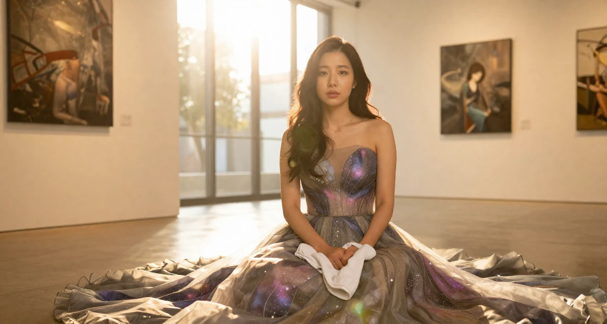 A gently serious Female From Busan South Korea, majored in industrial design in their 40, embracing natural beauty and self-acceptance,
wearing a galactic princess gown with metallic fabrics, holding a gym towel in a art gallery.