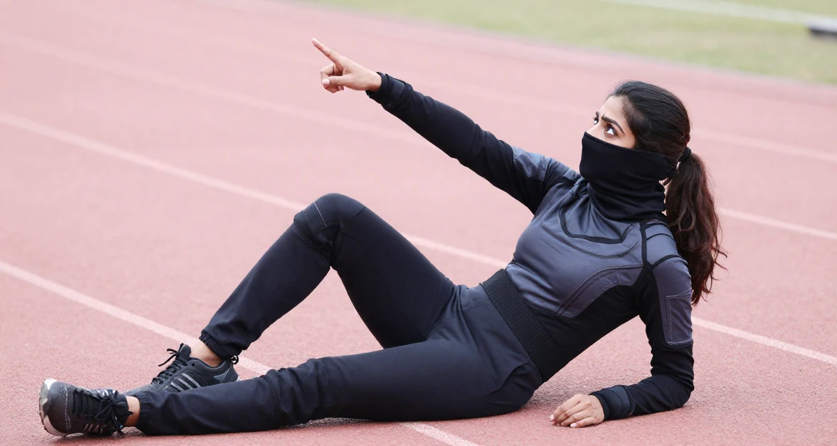 A eager Female From India, studied biotechnology in their 43, documenting a weight loss maintenance journey,
wearing a tech-wear ninja outfit with a face mask, pointing at something distant in a running track.