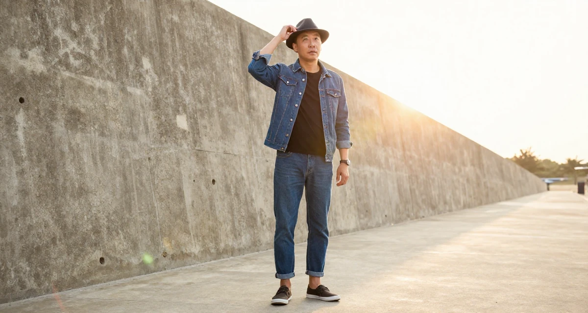 A curious male From Guangzhou China, studied international business in their 38, focused on longevity and holistic wellness,
wearing a fashionable denim on denim, adjusting a hat in a beach promenade.