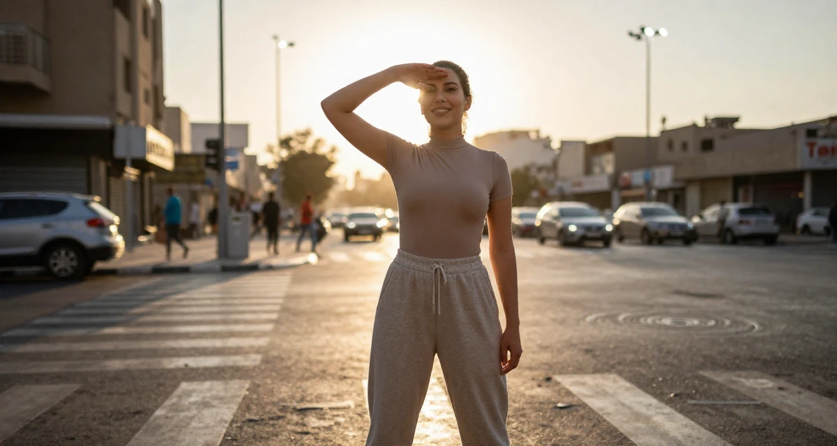 A satisfied Female From Alexandria Egypt, practiced creative self-portraiture in their 29, seeking mentorship and higher guidance,
wearing a high-cut bodysuit paired with loose jogging bottoms, shading eyes with a hand in a busy crosswalk.
