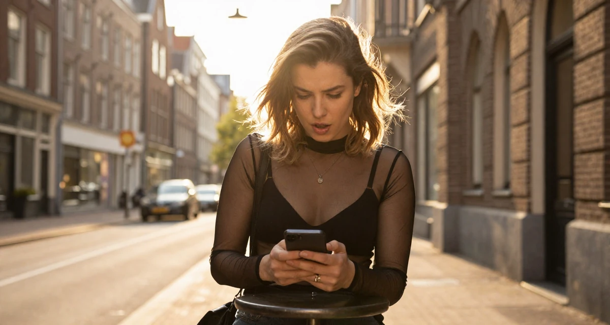 A wild Female From Rotterdam Netherlands, majored in logistics management in their 34, exploring the world of digital art and NFTs,
wearing a sheer mesh top layered over a black bralette, unlocking a phone screen in a urban street.
