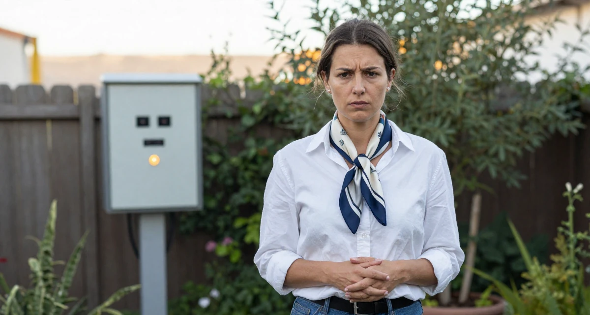 A suspicious Female From Germany, majored in environmental science in their 28, feeling a renewed sense of ambition,
wearing a silk scarf tied around the neck of a white shirt, clasping hands together in a backyard garden.