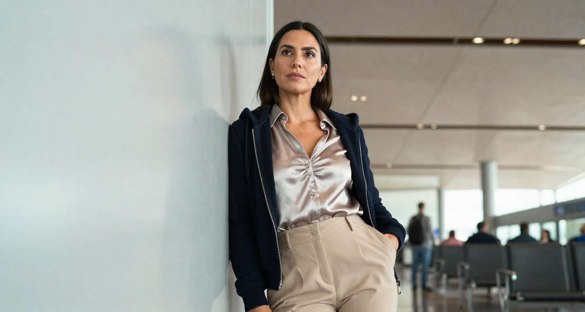 A focused and sharp Female From Mexico, based in Guadalajara, graduated from a cultural academy majoring in expressive body movement in their 46, sharing elegant fashion tips for the office,
wearing a high-waisted beige trousers and a tucked-in satin blouse, zipping up a hoodie in a airport terminal.