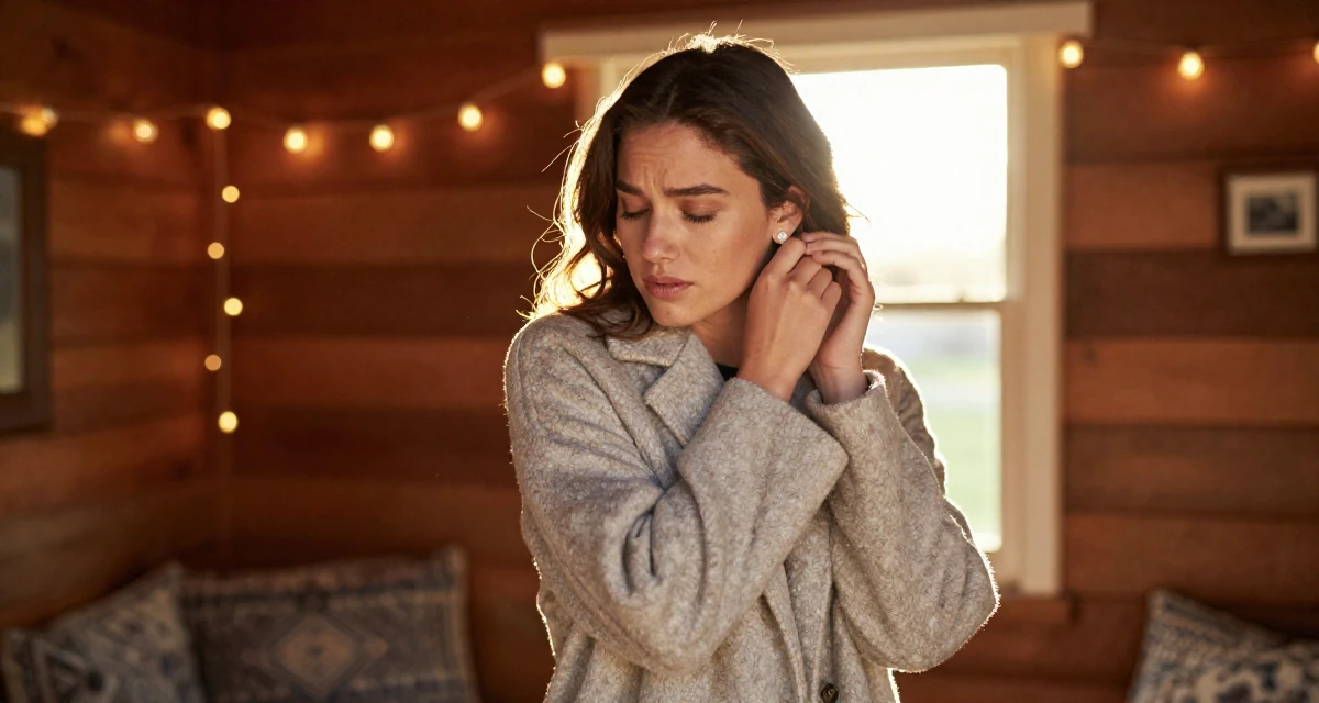 A warmhearted Female From Cape Town South Africa, learned outdoor modeling and posing in their 23, learning the pain of “low views after high effort”,
wearing a elegant woolen coat styling, putting on earrings in a rustic wooden cabin interior.