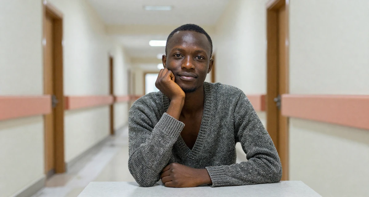 A gentle male From Uganda, majored in telecommunication engineering in their 23, shifting from impulsiveness to intentional planning,
wearing a open-back sweater showing the spine, resting hands on a table in a hospital corridor.