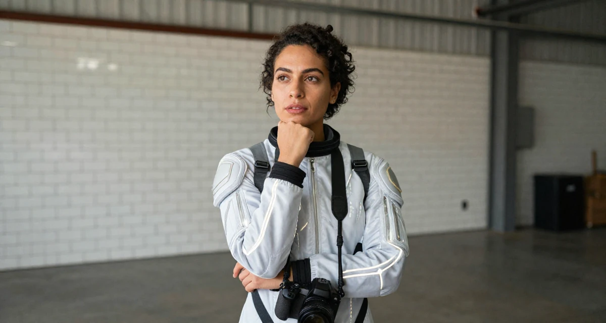 A passionate Female Born in the Dominican Republic, studied tourism marketing in their 31, digital nomad setting up a base in a new city,
wearing a futuristic space pilot plugsuit with glowing lines, holding a camera in a industrial warehouse.