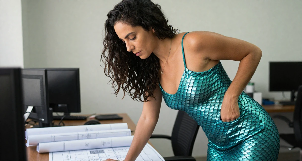A tranquil Female From Brazil, trained in digital cinematography in their 45, exploring hobbies neglected during younger years,
wearing a mermaid scale texture bodysuit with fin details, looking for something in a pocket in a office break room.