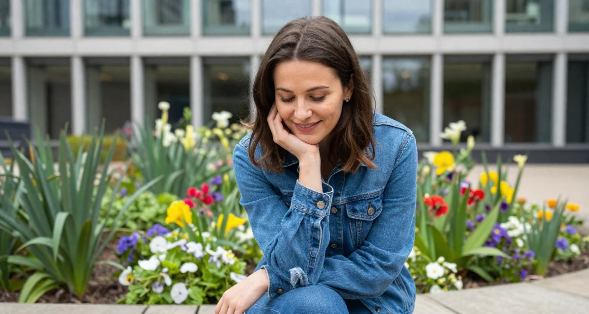 A delighted Female From UK, studied law at a prestigious university in their 25, building long-term loyalty with core subscribers,
wearing a fashionable denim on denim, looking down at the ground shyly in a blooming flower garden.