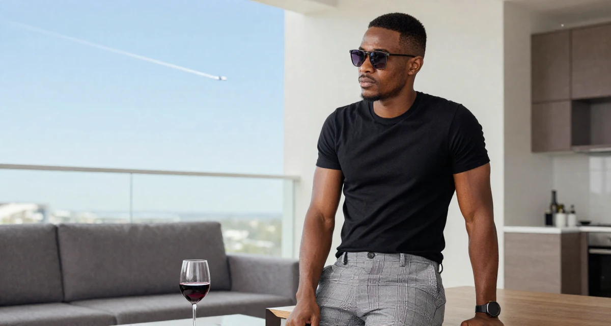 A pensive male From Zambia, majored in marketing communication in their 22, hit hard by the reality of entry-level wages,
wearing a grey plaid trousers and a fitted black tee, lowering sunglasses to look out in a modern apartment living room.