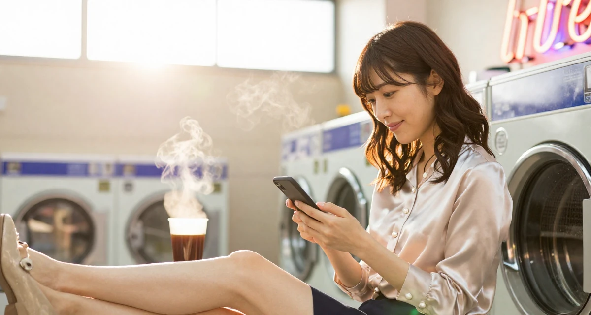 A carefree Female From Japan, studied nutrition and food science in their 38, reviewer of high-end tech products,
wearing a satin blouse with pearl buttons, checking a phone in a laundromat with neon signs.
