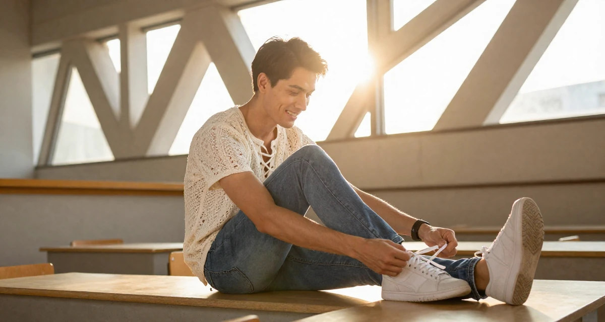 A happy male From Macau, studied hospitality management in their 24, taking care of their physical health consistently,
wearing a lace-up front top and skinny jeans, tying a shoelace in a classroom setting.