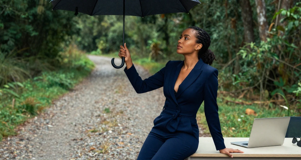A cool and collected Female From Ethiopia, studied software development in their 48, sharing lessons learned from failure,
wearing a tailored jumpsuit with a deep v-neck, shaking rain off an umbrella in a forest path.