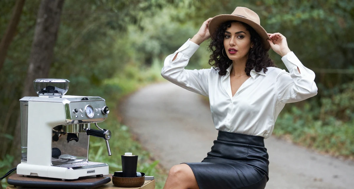 A bold and charismatic Female From United States, majored in hospitality operations in their 27, just moved into a small apartment alone,
wearing a white silk shirt tucked into a leather pencil skirt, adjusting a hat in a forest path.