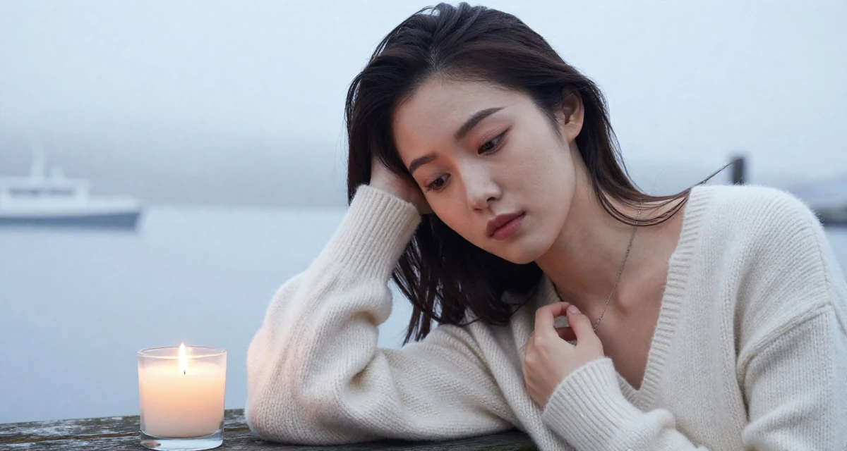 A tranquil Female From the United States, based in Seattle, graduated from a community college majoring in digital marketing in their 21, hiding insecurity behind a perfect makeup look,
wearing a soft cashmere sweater worn with nothing visible underneath, touching a necklace in a foggy harbor.