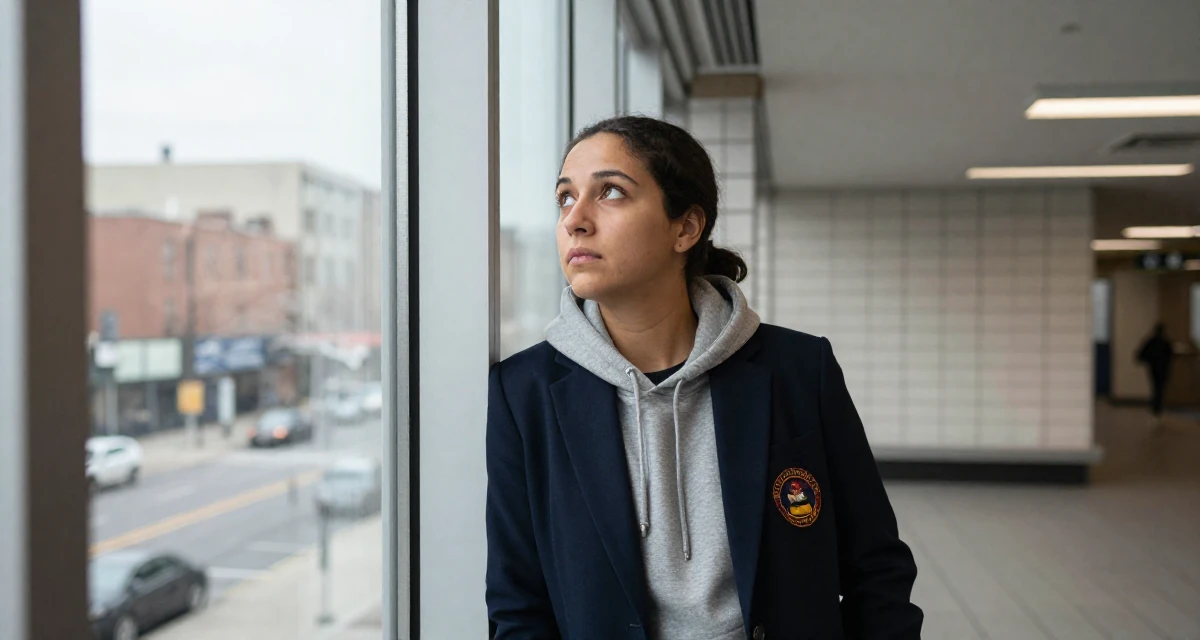 A curious and focused Female From Canada, trained in culinary arts in their 20, wearing a hoodie and looking sleep-deprived,
wearing a school council president uniform with a blazer, gazing at the sky in a modern apartment.