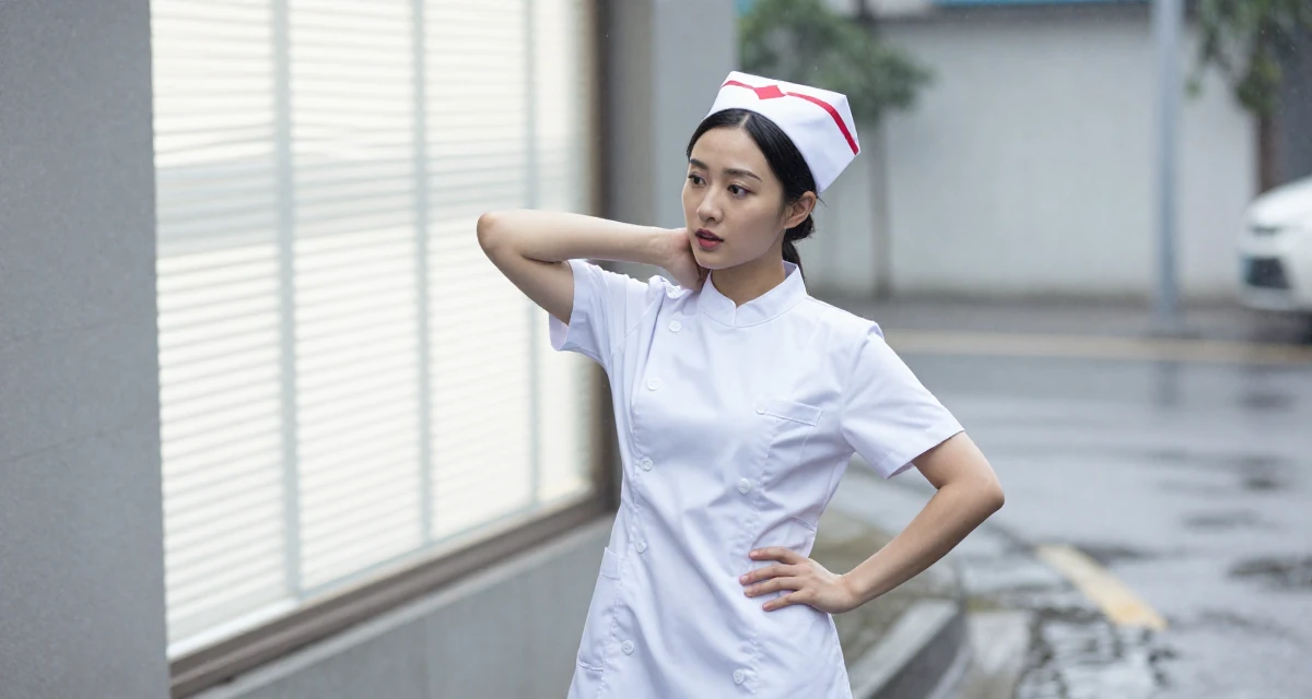 A subtly surprised Female Former figure-skating student, now producing graceful aesthetic content in their 32, newly married and adjusting to shared finances,
wearing a nurse cosplay uniform with a stylized cap, stretching the neck in a rainy street corner.
