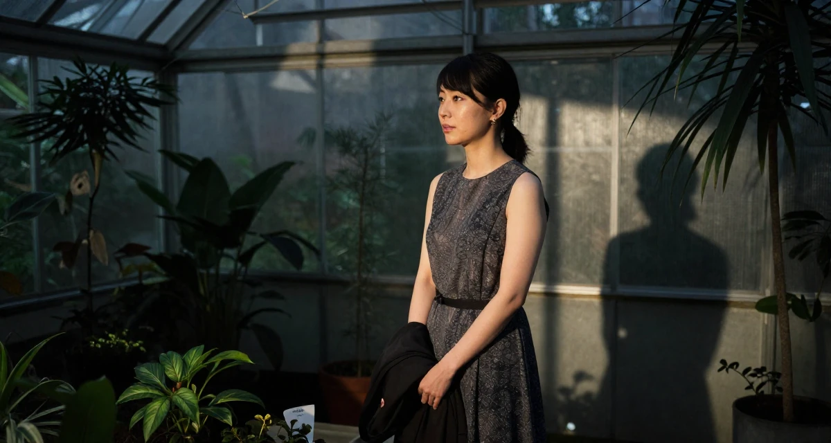 A harmonious Female From Japan, majored in information systems in their 31, sharing tips on modern urban gardening,
wearing a elegant evening casual wear, putting on a jacket in a botanical greenhouse.