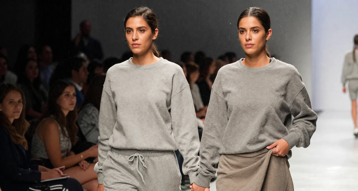 A observant Female From Guatemala, studied computer networks in their 25, rethinking long-term career trajectory,
wearing a relaxed jogger and sweatshirt combo, fixing the hem of a skirt in a fashion runway.