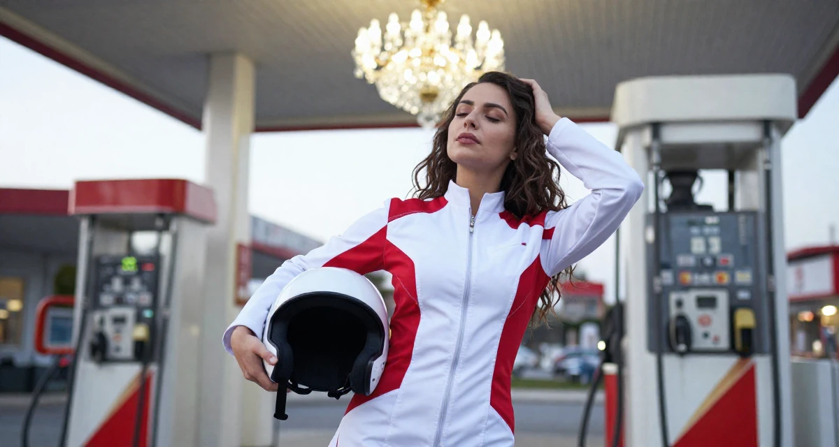 A calmly observant Female From Istanbul Türkiye, learned belly dance and expressive movement in their 22, choosing bolder themes with more creative direction,
wearing a futuristic medic uniform with white and red details, holding a helmet under one arm in a gas station at night.