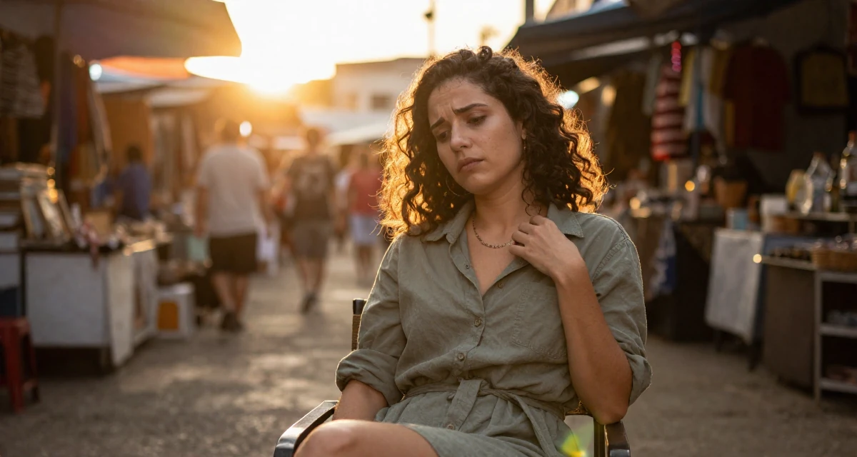 A sorrowful Female From Brazil, majored in sociology in their 32, sharing budget-friendly interior design tips,
wearing a belted shirt dress with rolled sleeves, touching a necklace in a night market stall.