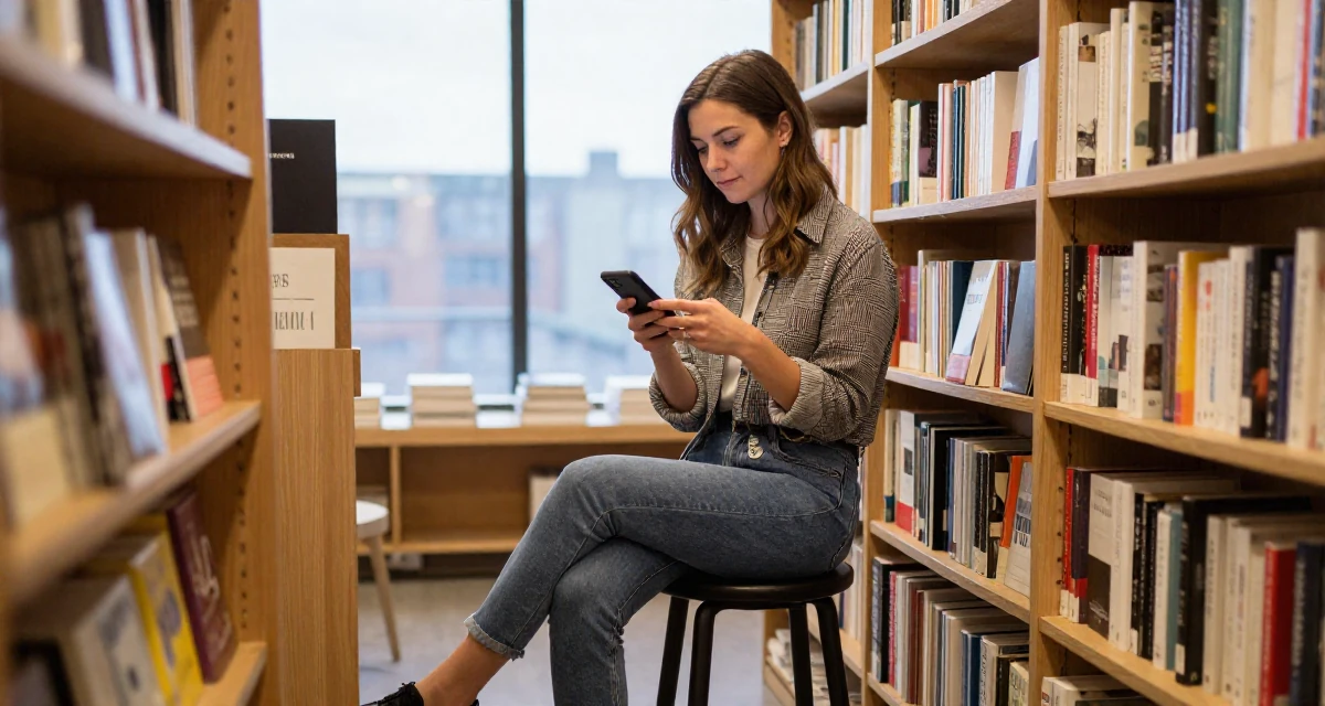 A unbothered Female From Finland, majored in educational psychology in their 25, exploring monetization without compromising comfort,
wearing a refined casual Friday look, checking a phone in a bookstore aisle.