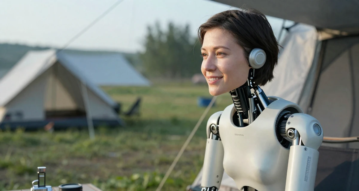 A grateful Female Born in Norway, majored in consumer psychology in their 29, navigating the fear of stagnation in a saturated market,
wearing a cybernetic doll outfit with porcelain-like skin textures, glancing sideways in a camping site.