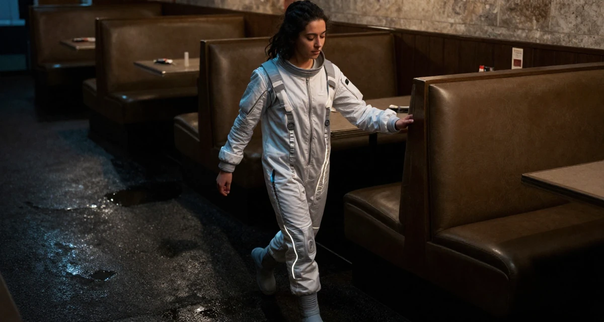 A unbothered Female From USA, studied anthropology and folklore in their 25, transitioning from teenage habits to adult routines,
wearing a futuristic space pilot plugsuit with glowing lines, reaching for a pocket in a restaurant booth.