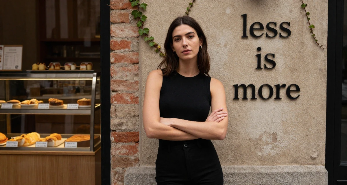 A quiet Female From Spain, has a degree in fine arts in their 23, realizing “less is more” in seductive storytelling,
wearing a urban minimalist silhouette, crossing arms confidently in a bakery counter.