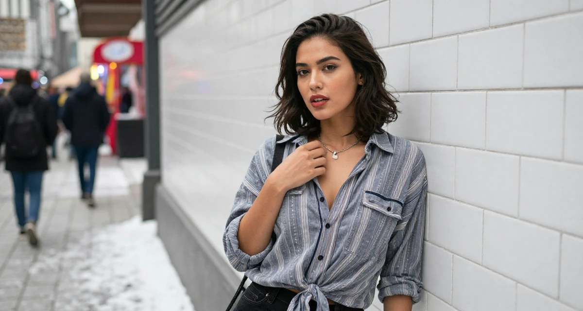 A refreshed Female From Indonesia, majored in visual communication in their 24, stepping into a more empowered, seductive creator phase,
wearing a relaxed vacation shirt, touching a necklace in a snowy sidewalk.