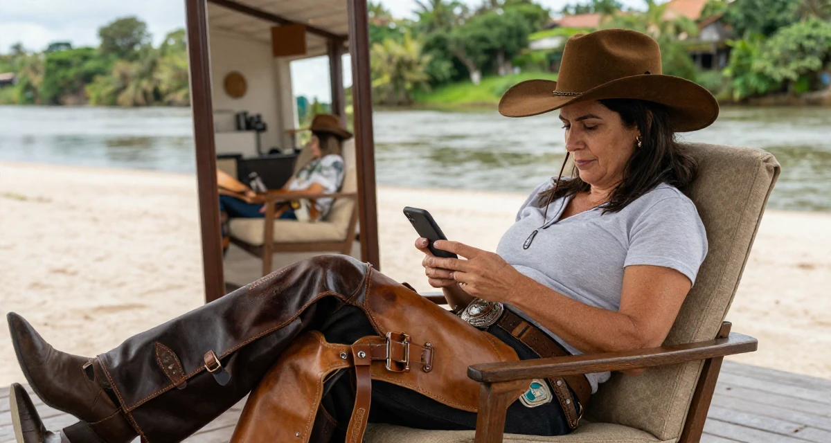 A quietly content Female From Brazil, trained in digital cinematography in their 40, focusing on legacy and long-term wealth,
wearing a wild west cowgirl outfit with chaps and a hat, typing a message in a beach promenade.