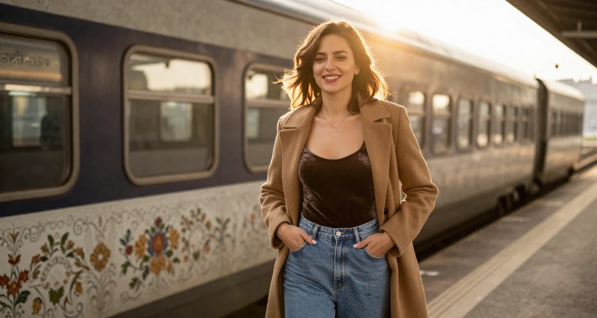 A grateful Female From Zurich Switzerland, holds a degree in accounting and finance in their 39, prioritizing quality over quantity in life,
wearing a velvet bodysuit and high-waisted mom jeans, unbuttoning a coat in a train platform.