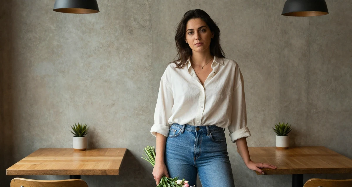 A proud and dignified Female From Belgium, studied film production in their 22, mourning the loss of the university community,
wearing a loose fitting blouse tucked into tight jeans, holding a bouquet in a cozy café.
